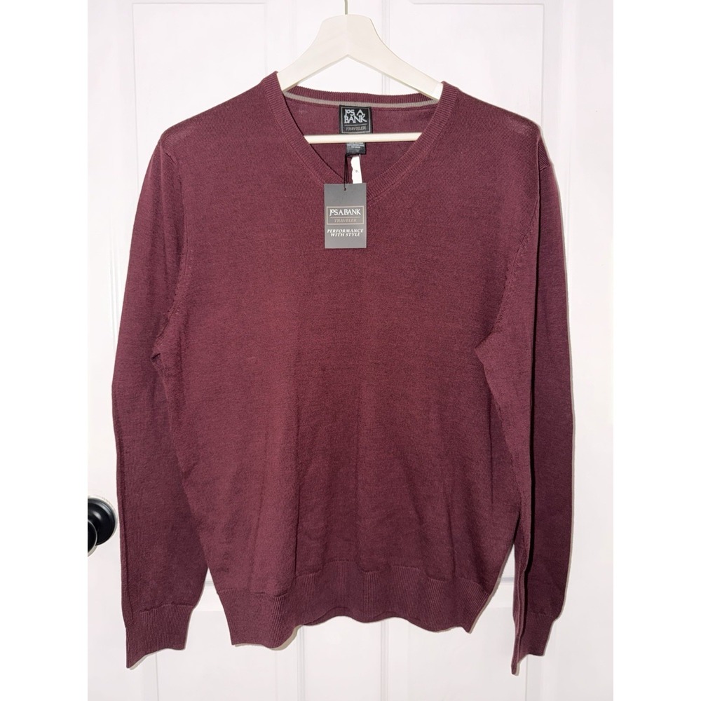 NEW Jos. A. Bank Traveler V Neck Men's Merino Wool Sweater Burgundy Size L Large